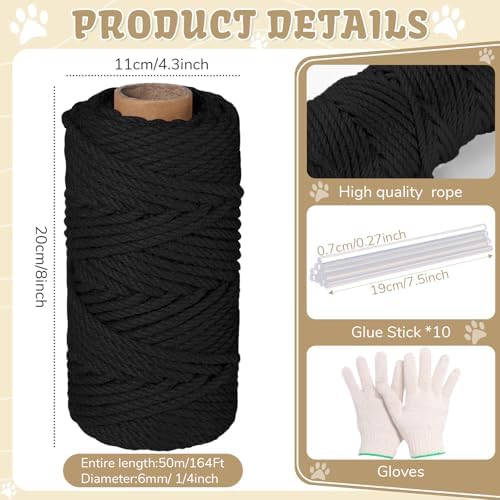 Natural Sisal Cat Rope for Posts, 1/4in ×164ft, Black
