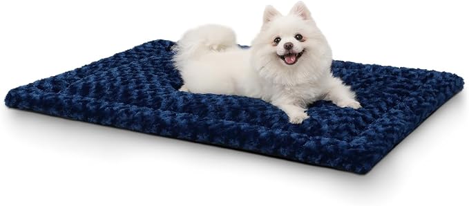 Exsnugy Washable Dog Bed Mat Medium Size Fluffy Pet Crate Pad 30x19 | Non-Slip Bottom Kennel Beds Ultra Soft Comfy Sleeping Mattress for Large Medium Small Dogs Blue