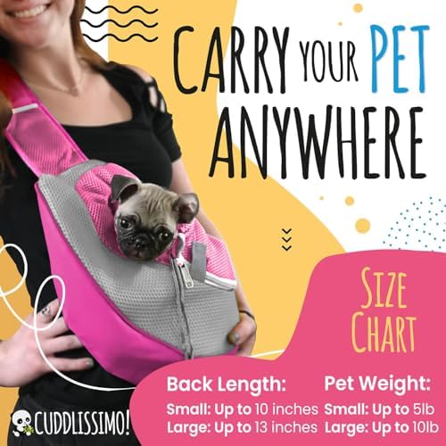 Cuddlissimo Small Dog Sling Carrier, Pet Cat Sling, Puppy Pouch - Pink-L