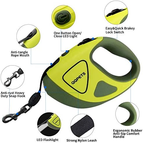 Retractable Dog Leash with LED Flashlight for Small Medium Big Breed Dogs, 10/16 ft Extendable Leash, Heavy Duty Nylon Cord Training Running (L (16 FT - up to 110lbs), Green)