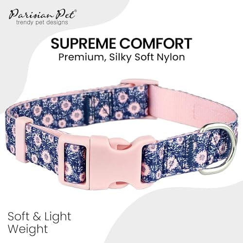 Parisian Pet Floral Dog Collar - Adjustable Midnight Blossoms Girl Pet Collar with Secure Buckle and Metal D-Ring - Comfortable Designer Puppy Collars - Durable Nylon Dog Collars for Medium Dogs