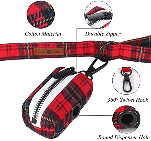 Lionet Paws Cute Dog Poop Bag Holder with Dog Poop Bag for Leash, Cotton Grid Dog Bag Dispenser, Matching Dog Collar