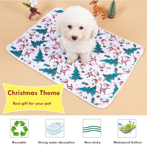 BAMY 2 Pcs Washable Dog Pee Pads Christmas Pet Training Pads Non-Slip Waterproof Doggie Whelping Pad Reusable Dogs Mat with Santa Claus Snowman Elk Pattern (Santa Claus, 28x20 inch)