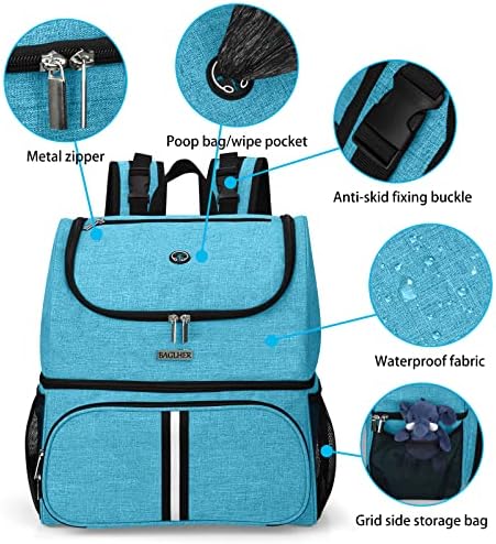 BAGLHER Pet Travel Bag, Double-Layer Pet Supplies Backpack (for All Pet Travel Supplies), Pet Travel Backpack with 2 Silicone Collapsible Bowls and 2 Food Baskets Sky Blue