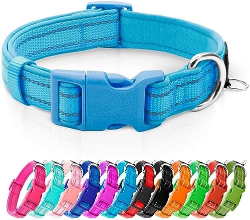 azuza Reflective Dog Collar,Soft Neoprene Padded Pet Collar with ID Tag Ring,Adjustable for Medium Dogs,Sky Blue,M
