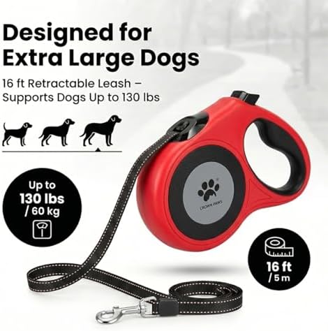 16 ft Retractable Dog Leash for Extra Large Dogs up to 130 lbs,Tangle-Free Nylon Tape,Red Dan24 XL