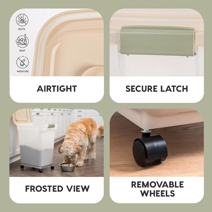 IRIS USA Dog Food Storage Container, Up to 40lbs, Almond/Pearl, Made in USA | Wheels for Mobility, Airtight Seal, BPA-Free, Best for Bird Seed, Cat food, Cat Litter, Chicken Feed, Pellets