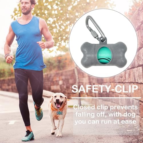 Dog Poop Pickup Bags Holder Dispenser with Standard-Sized Leak-Proof Scented Doggy Waste Bags and Carabiner with Safety Lock&Fastener Never Loose on Leash Lead Again (2 Holders 30 Bags, Grey)