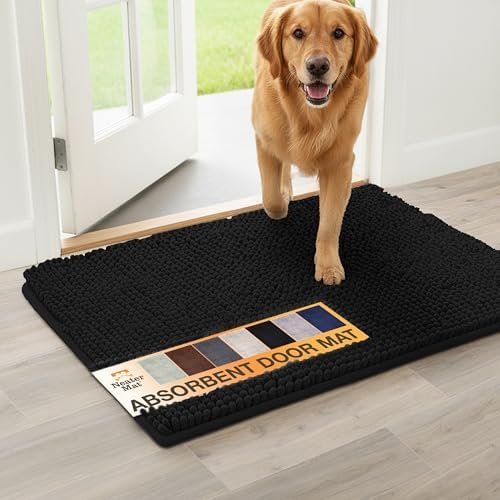 Neater Pets Muddy Paws Dog Door Mat 36” x 24” – Super Absorbent & Quick-Dry Chenille Doormat for Trapping Dirt, Water, Mud - Non-Slip & Machine Washable Pet Rugs for Entryway, Indoor Mud Mats, Black