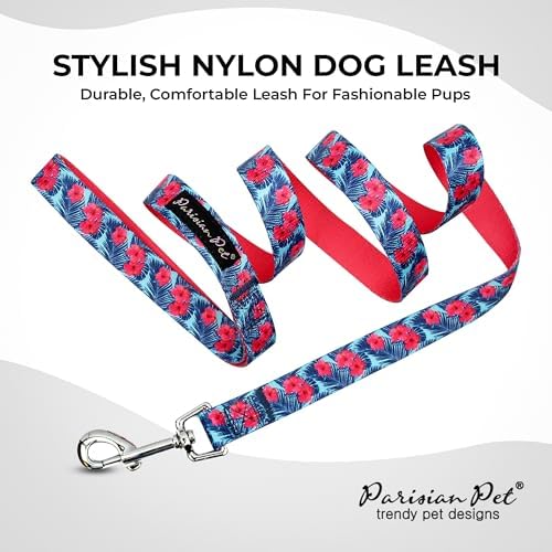 Parisian Pet Floral Dog Leash - Nylon Heavy Duty Training Pink Leashes for Dogs with Comfortable Handle - Strong Metal Clip 4Ft Hibiscus Puppy Leash - Chew Proof Leashes for Small and Medium Dogs