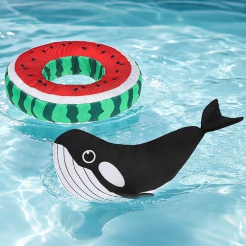 SCENEREAL Floating Dog Pool Toys for Water Fetch, 2 Pack Squeaky Dog Toys for Training, Interactive Summer Outdoor, Whale & Donut Shape Pet Chew Toy for Large Small Medium Dogs