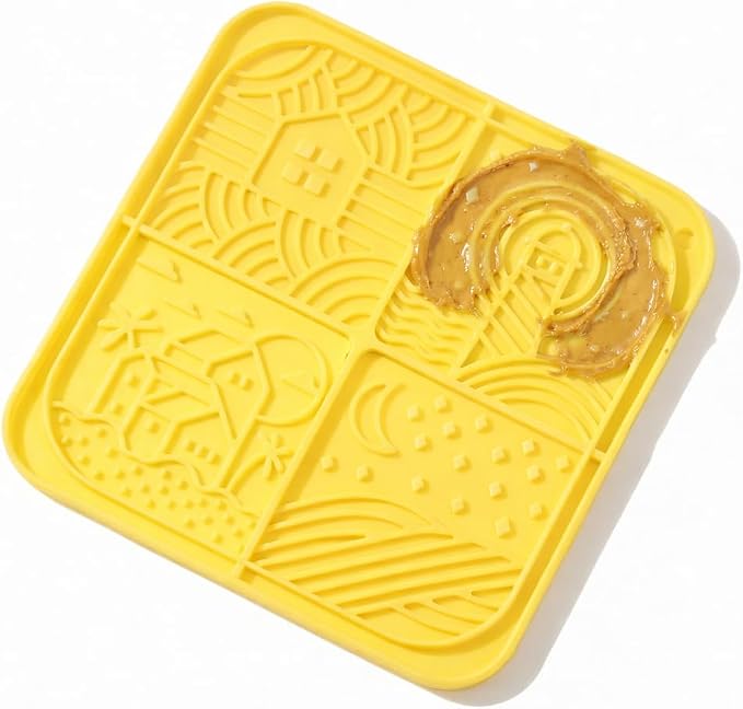 Dog Lick Mat with Suction Cups, 4-Texture Enrichment Slow Feeder for Dogs & Cats, Non-Slip Silicone Licking Pad for Anxiety Relief, Bathing & Training(Yellow)