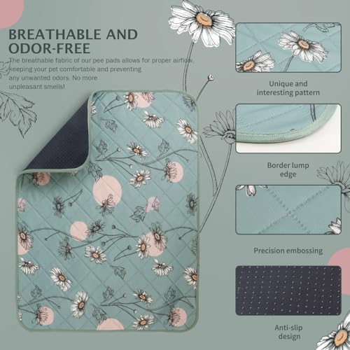 IEUUMLER Washable Pee Pads for Dogs, 2 Pack Non-Slip & Waterproof Pack Whelping Pad, Reusable Washable Puppy Potty Training Pad with Fast Absorbent for Playpen EU007 (Green Daisy, 36"X24"-2pcs)