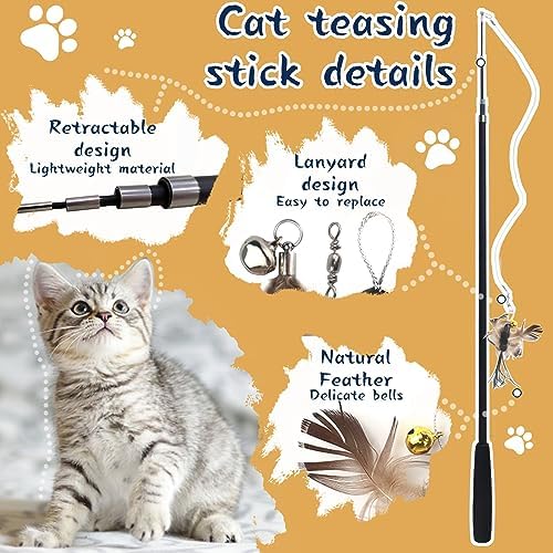 LELE LIFE 70'' Ultra Long Cat Wand Toy for Full Fun, Interactive Cat Toys for Indoor Cats Kitten, 2Pcs Retractable Flexible Poles and 8Pcs Cat Feather Toys Bell Teaser Refills, 2Pcs String Refills
