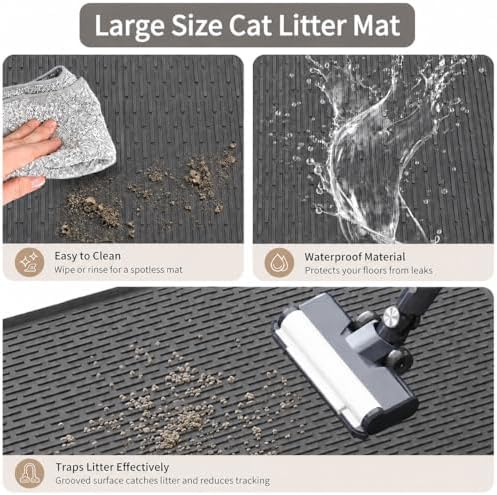 Cat Litter Mat 40"x28", Silicone Waterproof Litter Box Mat, Non-Slip Litter Trapping Mat for Cats, Easy Clean Foldable, Dark Gray