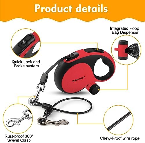 26 Ft Retractable Dog Leash with Chew Proof Cable - Red