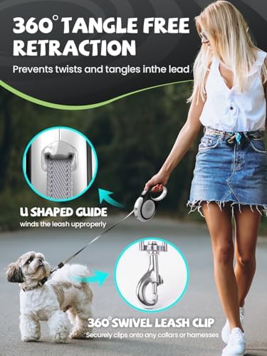 Retractable Dog Leash with LED Flashlight, Douexio Upgrade 3 in 1 Dog Leash Retractable for Small Medium Dogs Up to 66 lbs, 16ft, Anti-Slip Handle,One-Handed Brake (White)