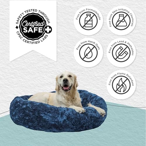 Best Friends by Sheri The Original Calming Donut Dog Bed for Large Dogs up to 100 lbs, Lux Faux Fur, Navy Blue, 36" x 36"