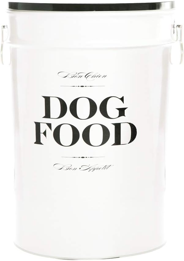 Harry Barker Bon Chien Dog Food Storage Canister – Large 11 gallon, Airtight Stainless Steel Pet Food Container, Stylish Kitchen Counter Dog Kibble Storage with Easy-Open Lid - White