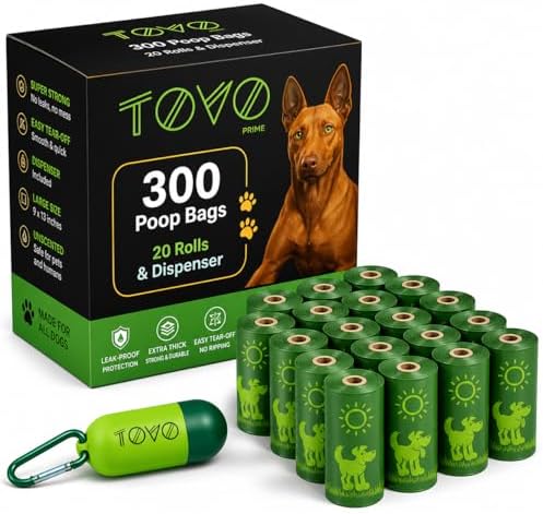 Dog Poop Bags with Dispenser, 300 Count Extra Thick Leak Proof Pet Waste Bags, 20 Rolls x 15 Bags, Unscented Easy Tear-Off Doggie Bags Refills for Dogs & Cats, 9” x 13”