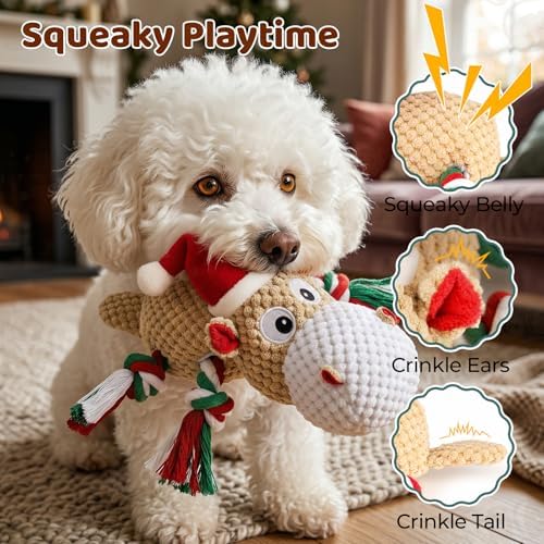Dog Toys for Small Medium Dogs - Squeaky Hippo Plush Dog Toys with Crinkle Paper, Cotton Ropes for Tug Games