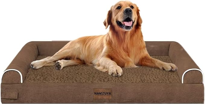 NANUYA Orthopedic Dog Bed for X-Large Dogs, 40 x 32 Inch, Dark Coffee | Egg crate foam for joint support, 3-sided bolster pet sofa, waterproof lining, washable cover, and non-skid base