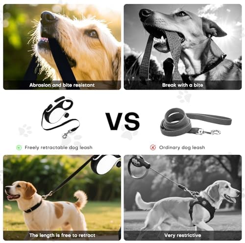 Retractable Dog Leash with Chew Proof Cable,26Ft Heavy Duty Dog Leash for Medium Large Dogs up to 110lbs,360°No Tangle,One-Handed Brake,Pause,Lock(White)