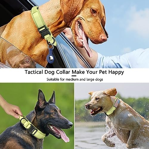 DAGANXI Tactical Dog Collar, Adjustable Military Training Nylon Dog Collar with Control Handle and Heavy Metal Buckle for Medium and Large Dogs, with Patches and Airtags Case (XL, Spring Grass)