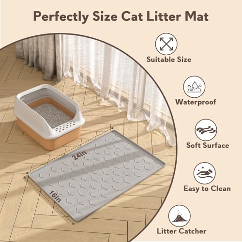 Garoopion Silicone Cat Litter Mat 24×16 inch, Easy to Clean, Gray