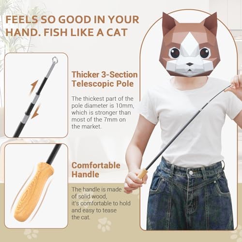 ROSAUI Cat Teaser Wand Toys, Interactive Bird Toys for Indoor Kittens, 42.15’’ Long Cat Fishing Pole Toys, 2Pcs Wires and 5Pcs Natural Refills, Sustainable Wooden Handles, Exercising, Playing