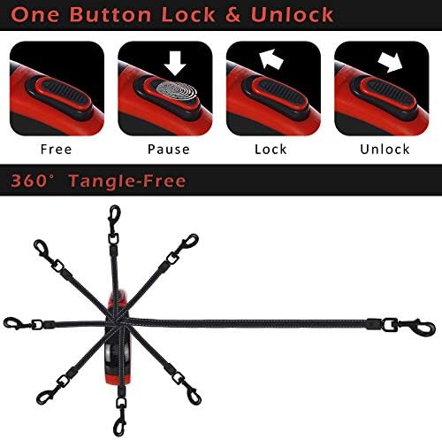 Upgraded Retractable Dog Leash, 16" Extra Long Tangle-Free Reflective Nylon, Small to Medium Dogs up to 110lbs, Waste Bags and Dispenser Included (Red)