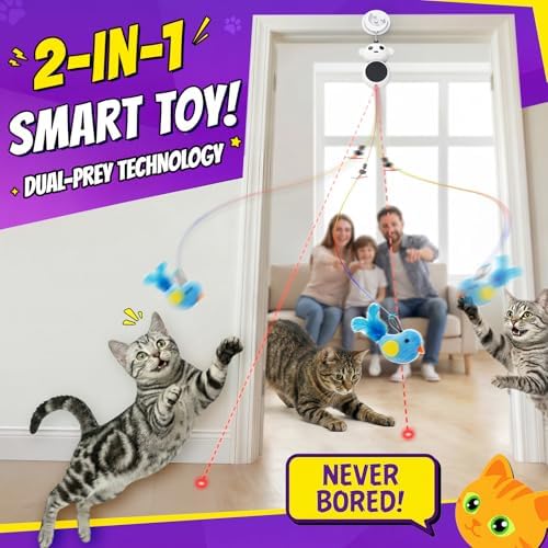 2-in-1 Interactive Laser Pointer Cat Toy & Flying Bird Wand for Indoor Cats