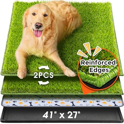 Hompet Dog Grass Pad with Tray Large, 41"x27", 2 Reusable Artificial Turf for Dogs Potty, Waterproof Non-Slip Washable Pee Pads, Quickly Absorbency Portable Dog Litter Box for Indoor/Outdoor Use