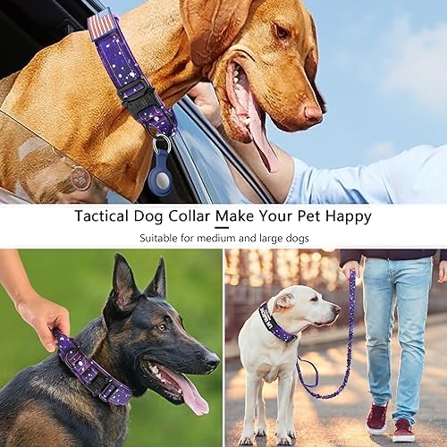DAGANXI Tactical Dog Collar, Adjustable Military Training Nylon Dog Collar with Control Handle and Heavy Metal Buckle for Medium and Large Dogs, with Patches and Airtags Case (S, Purple Sky-Set)