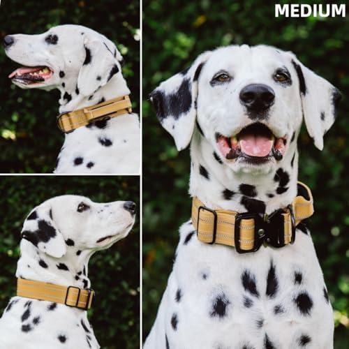 Tuff Pupper Tactical Dog Collar | Heavy Duty 1.5" Wide Ballistic Nylon | Training Control Handle | Quick-Release Metal Buckle | Reflective Bands | ID Tag Holder | Padded Inner Lining (Tan, Medium)