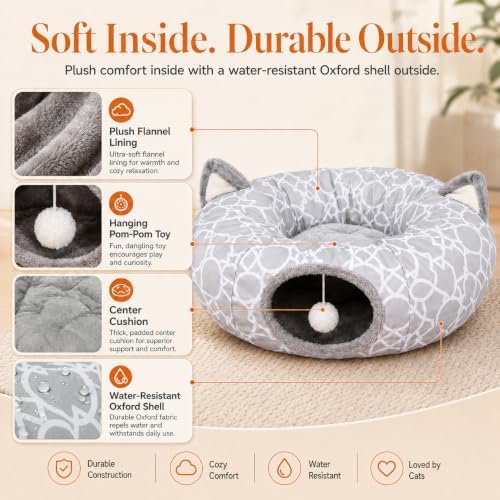 Geometric Cat Tunnel Bed Under Christmas Tree Oxford Outside with Plush Inside,Cats Toys Collapsible Tunnel Tube with Balls, for Rabbits, Kittens, Ferrets,Puppy 3FT
