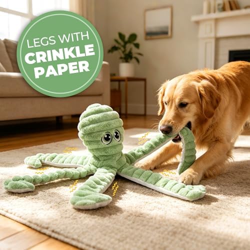 PrimePets Dog Toys for Large Dogs, 27” Extra Large Plush Octopus Dog Toy, Crinkle Squeaky Dog Toy for Small Medium Large Breeds, Interactive Stuffed Chew Toys to Keep Them Busy, Green