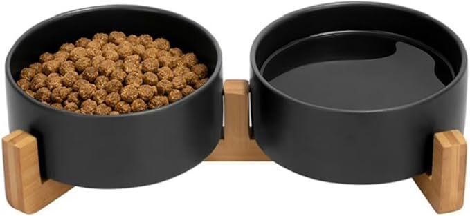 Ceramic Cat and Small Dog Bowl Set – Modern Indoor Small Size Pet Food and Water Bowls with Wood Stand – Non Slip Puppy Sized Feeding Station with Double Dishes (Black)