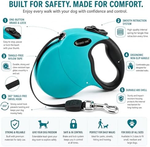Retractable Dog Leash Hands-Free Adjustable Length 16ft with Safety Lock Durable Nylon Belt for Small Medium Large Dogs Easy Walk Training Portable Dog Leash Blue L