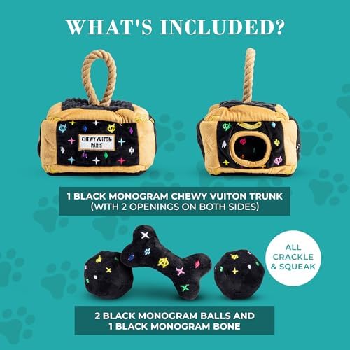 Haute Diggity Dog Chewy Vuiton Trunk Puzzle with 3 Plush Squeaky Dog Toys