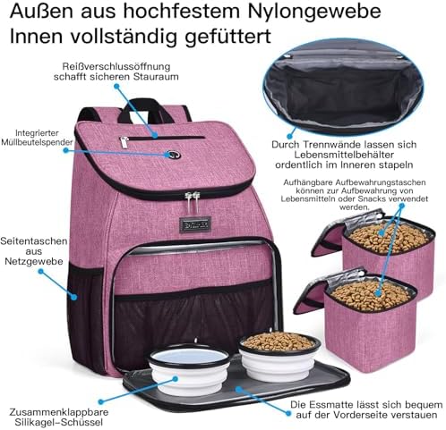 BAGLHER丨Dog Travel Bag, Airline Approved Pet Supplies Backpack, Dog Travel Backpack with 2 Silicone Collapsible Bowls and 2 Food Baskets