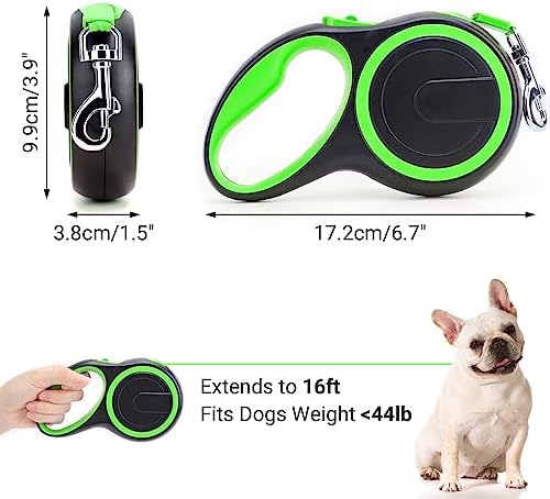 Segarty 16 Ft Extendable Dog Leash, 5m Heavy Duty Walking Dog Leash for Medium Small Dogs up to 44lb, Anti-Slip Handle 360°Tangle-Free Nylon Tape, One-Handed Button Lock & Release (Green)