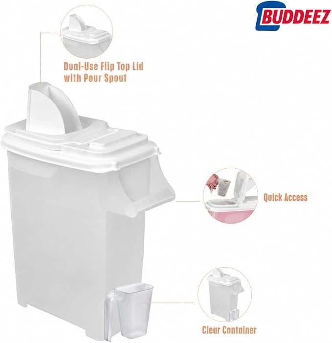 Buddeez Airtight Pet Food Storage Container, 32 Quart, with Pour Spout | For dog food, cat food or bird seed, Easy-pour lid or spout