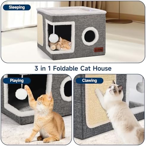Shikha Cat House Bed for Indoor Cats with Fluffy Ball and Scratch Pad Grey