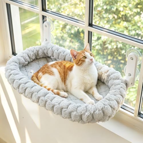AMOSIJOY Foldable Cat Window Perch with Cloud-Soft Cushion Bed, L Gray