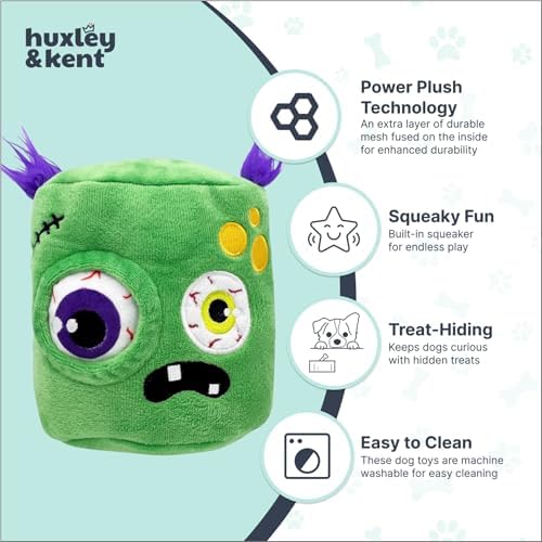 Huxley & Kent Interactive Halloween Funny Dog Toy w/Squeaker – Power Plush Puzzle Dog Toys for Small, Medium & Large Dogs – Treat Hiding Play Time - Pop 'n Fetch Zombie Pop-Eye