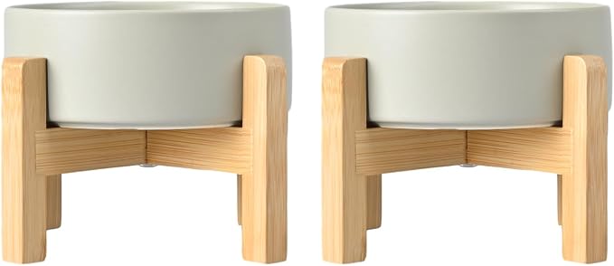 SPUNKYJUNKY Ceramic Elevated Dog Bowls 2 Pack - 6.1inch Raised Dog Bowls with Non-Slip Wooden Stand for Medium Dogs Dishwasher Safe(Grey,28.7OZ*2)