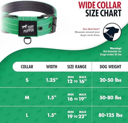 Tuff Pupper Heavy Duty Tactical Dog Collar | 1.25" Wide Ballistic Nylon | Reflective Stitching | Integrated ID Tag Holder | Stainless Steel Buckle | Padded Lining | Small & Medium Dogs (Green, Small)