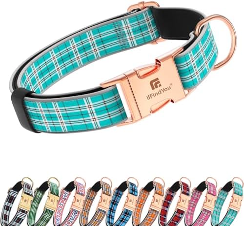 Reflective Plaid Dog Collar for Large Dogs, Light Green-L