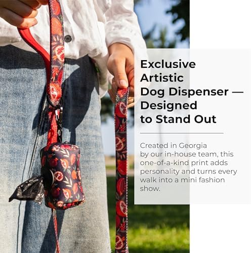 KIKI & RIKI Premium Dog Poop Bag Holder, Waste Bag Dispenser with Leash Clip, Artist-Designed Print (Designed in Georgia), Includes 1 Starter Roll of Bags, Fits Standard Rolls, Black (Red Pomegranate)